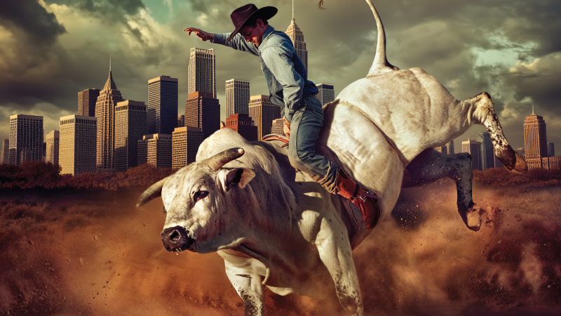 man riding bull in field in front of Dallas skyline