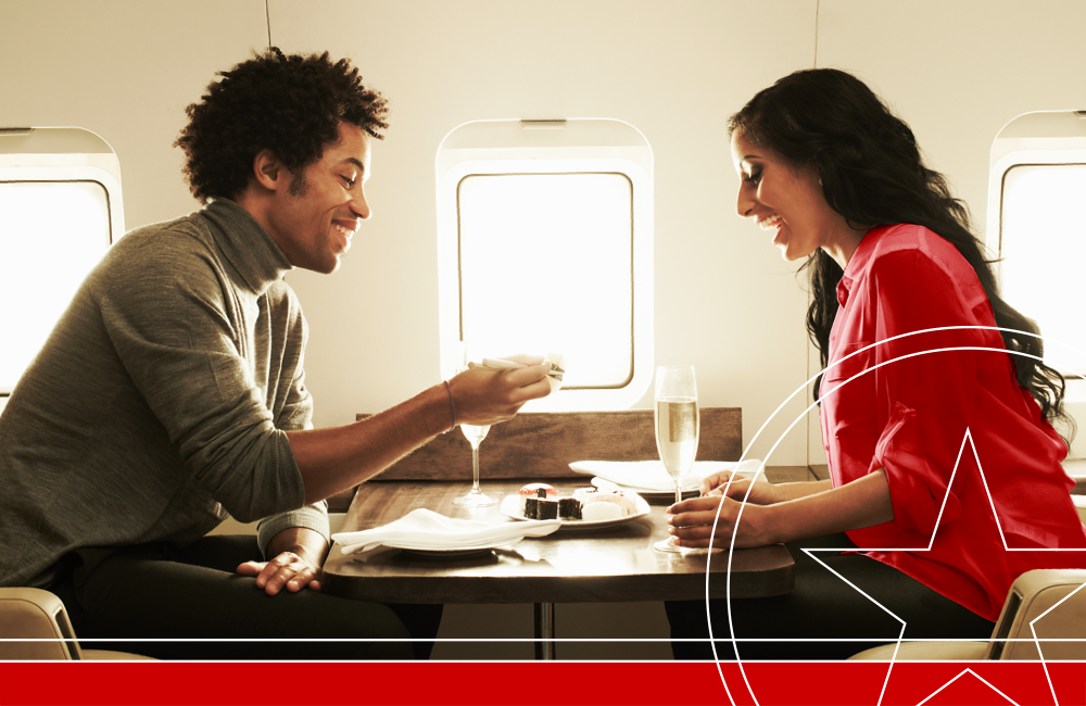Couple enjoying lunch on private jet