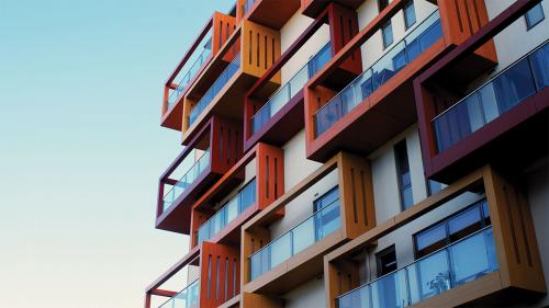 Red and orange apartment building balconies