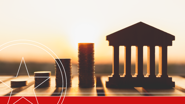 coin stacks ascending and government building structure