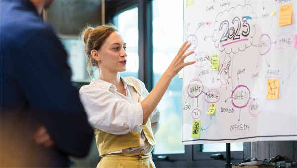 woman presenting in front of whiteboard